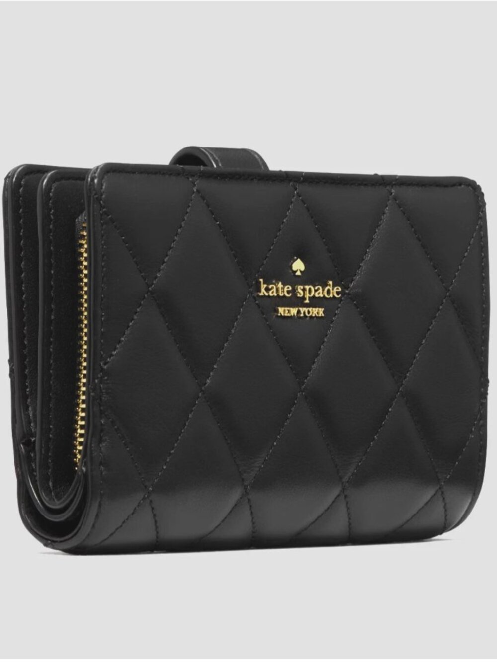 New Kate Spade Quilted Medium Bifold Wallet Smooth Leather Black
